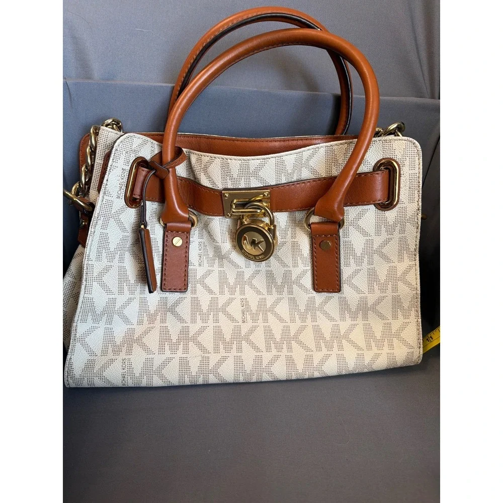 Michael Kors Hamilton Satchel Vanilla Monogram Logo Handbag Brown Leather Trim